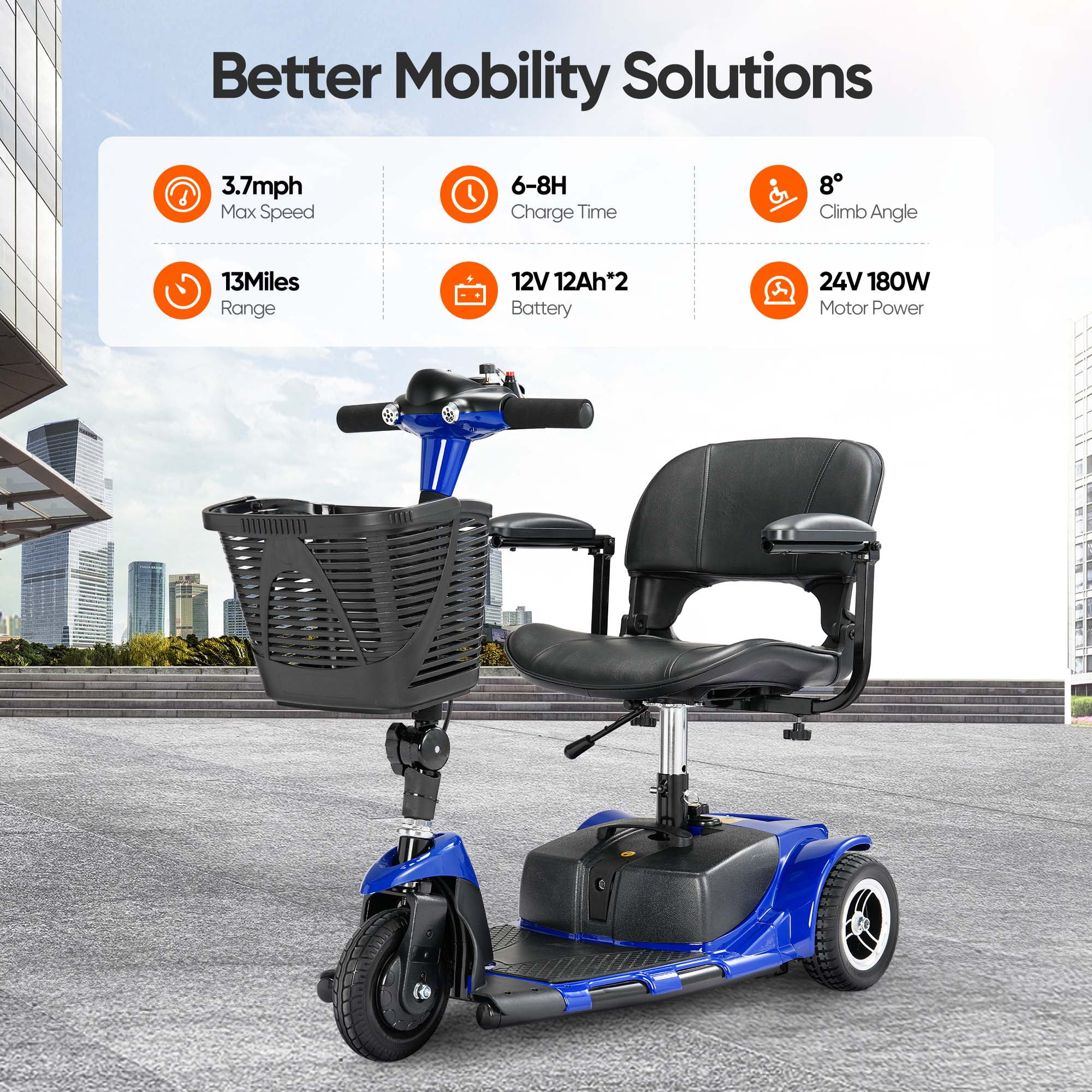 Morrean 3 Wheel Electric Powered Mobility Scooter, with Lighting Folding Travel Mobile Wheelchair for Seniors, Gift for Elderly, Blue