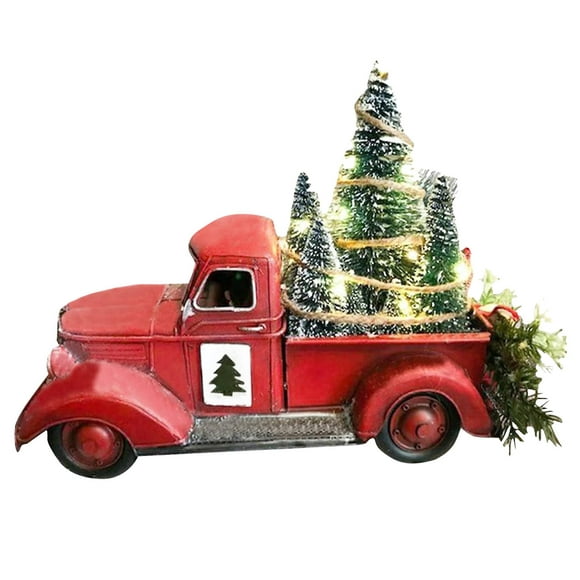 Décorations de Table de Noël avec des Lumières Camion de Ferme Rouge Transportant Statue de Résine d'Arbre de Noël