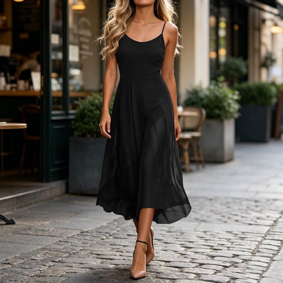 QUNYINEY Black Women's Summer Dresses Midi A Line Sleeveless Sundress Chiffon Loose Fit Casual Crew Neck Flowy Dresses