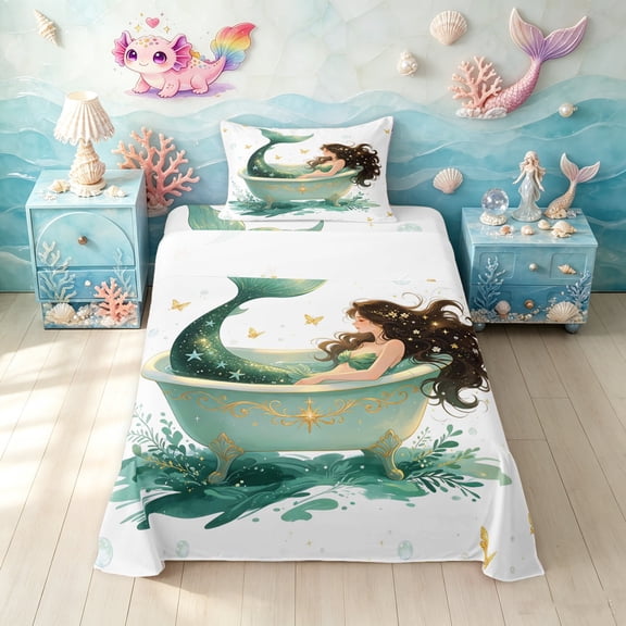 Manfei Dreamy Bath Mermaid Twin Sheets, Dreamy Butterfly Bedding, Teal White, 3pcs, 1 Flat Sheet, 1 Fitted Sheet and 1 Pillowcase