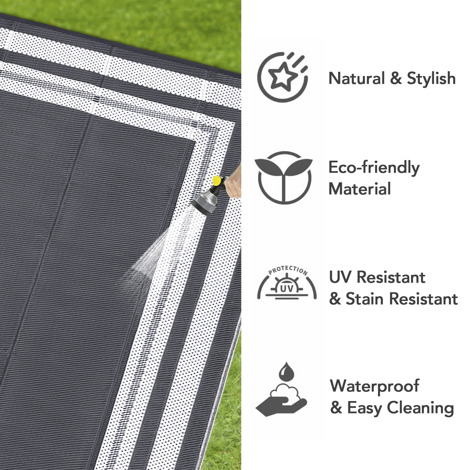 HOMERRY Geometric Border Outdoor Rug Straw Plastic Area Rug for Balcony Pool RV Waterproof Reversible Carpet, White/Gray, 9'x 12'
