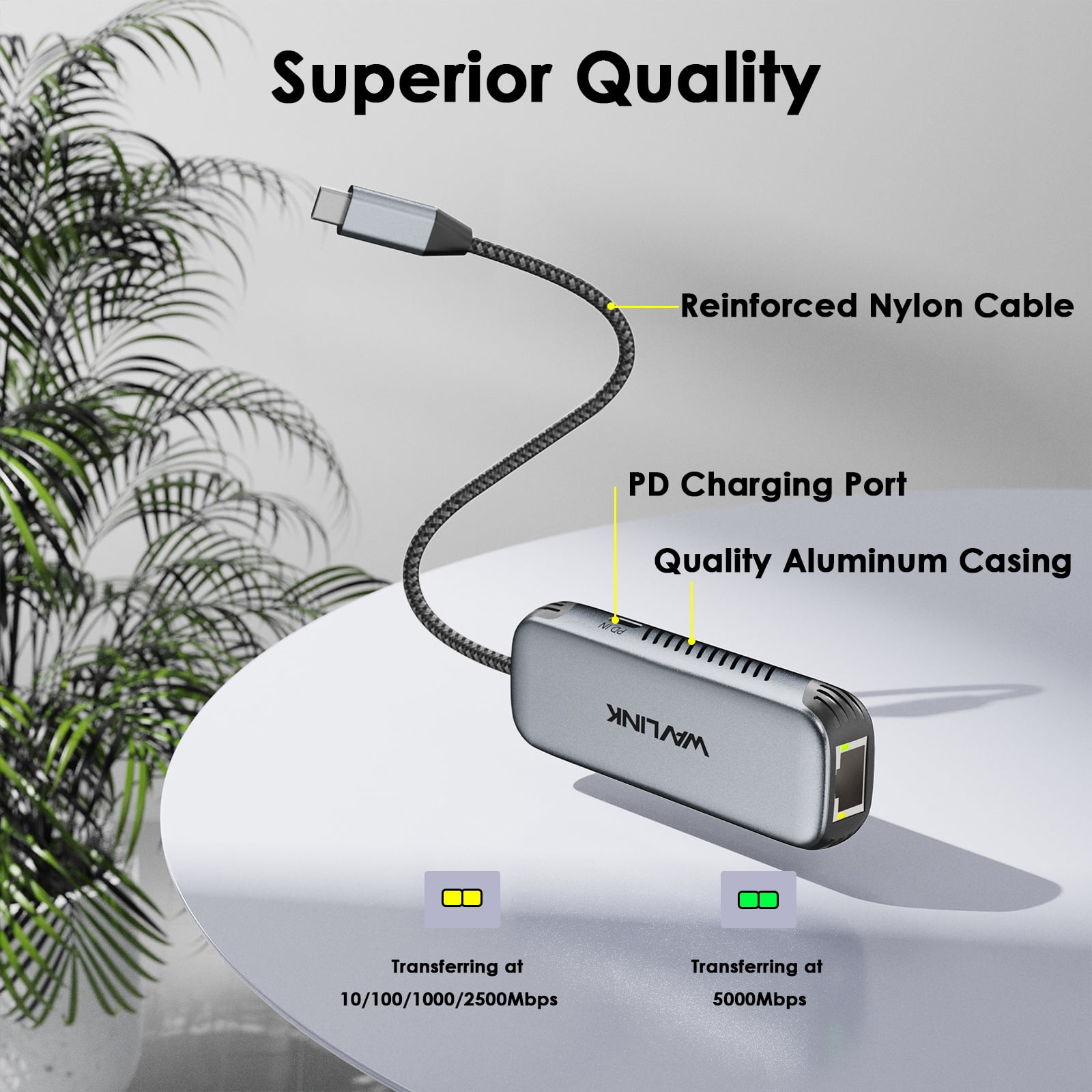 WAVLINK 5Gbps USB-C to Ethernet Adapter with 95W PD, 5000Mbps RJ45 Port, USB 3.2, Wake-On-LAN, Plug & Play for Windows/Mac/Linux/Chrome OS – Compact & Portable