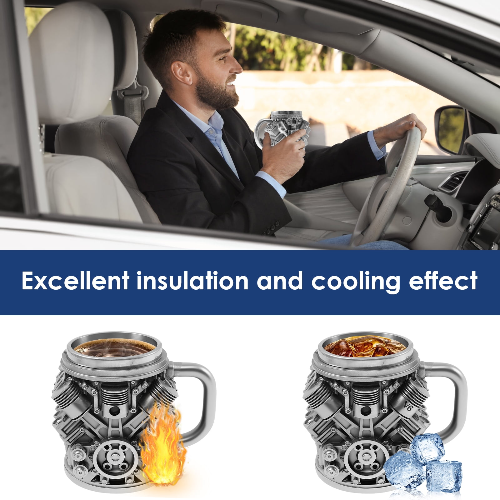 Qenwkxz Engine Coffee Mug Creative Car V6/V8 Engine Coffee Cup with Handle Novelty Stainless Steel Beverage Mug for Car Lovers Enthusiasts Black
