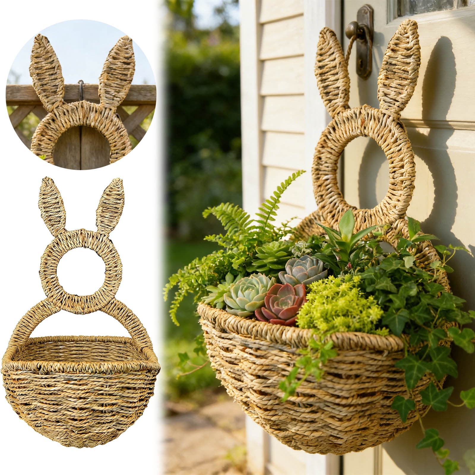 Hand Woven Wicker Bunny Wall Pocket & Planter - 15.75 Inch Easter Door Hanging Decor, Farmhouse Wall Basket for Flowers, Eggs, Spring Greenery, Easter Decoration