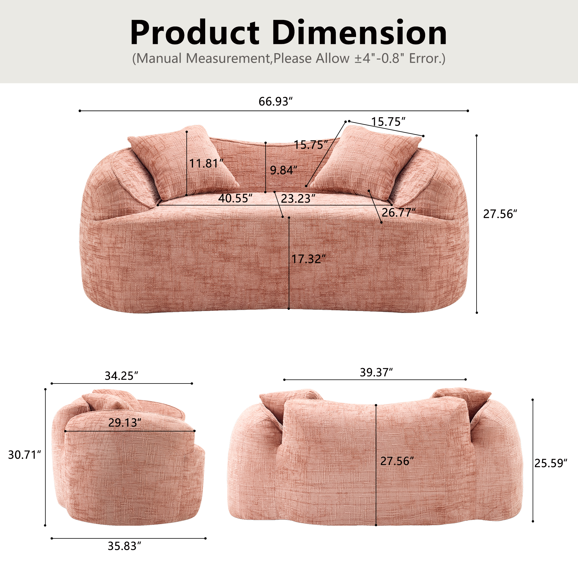 Curved Loveseat, Pink Compress Chenille Sofa with Two Pillows and Armrests, Foam Spring 2-Seater for Small Apartment Living Room or Bedroom, 67-Inch
