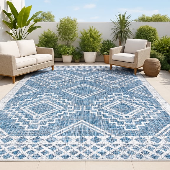 JONATHAN Y SANTA MONICA 8 x 10 Area Rug, Marokko Diamond Tribal Medallion - Blue/Ivory, SMB127D-8