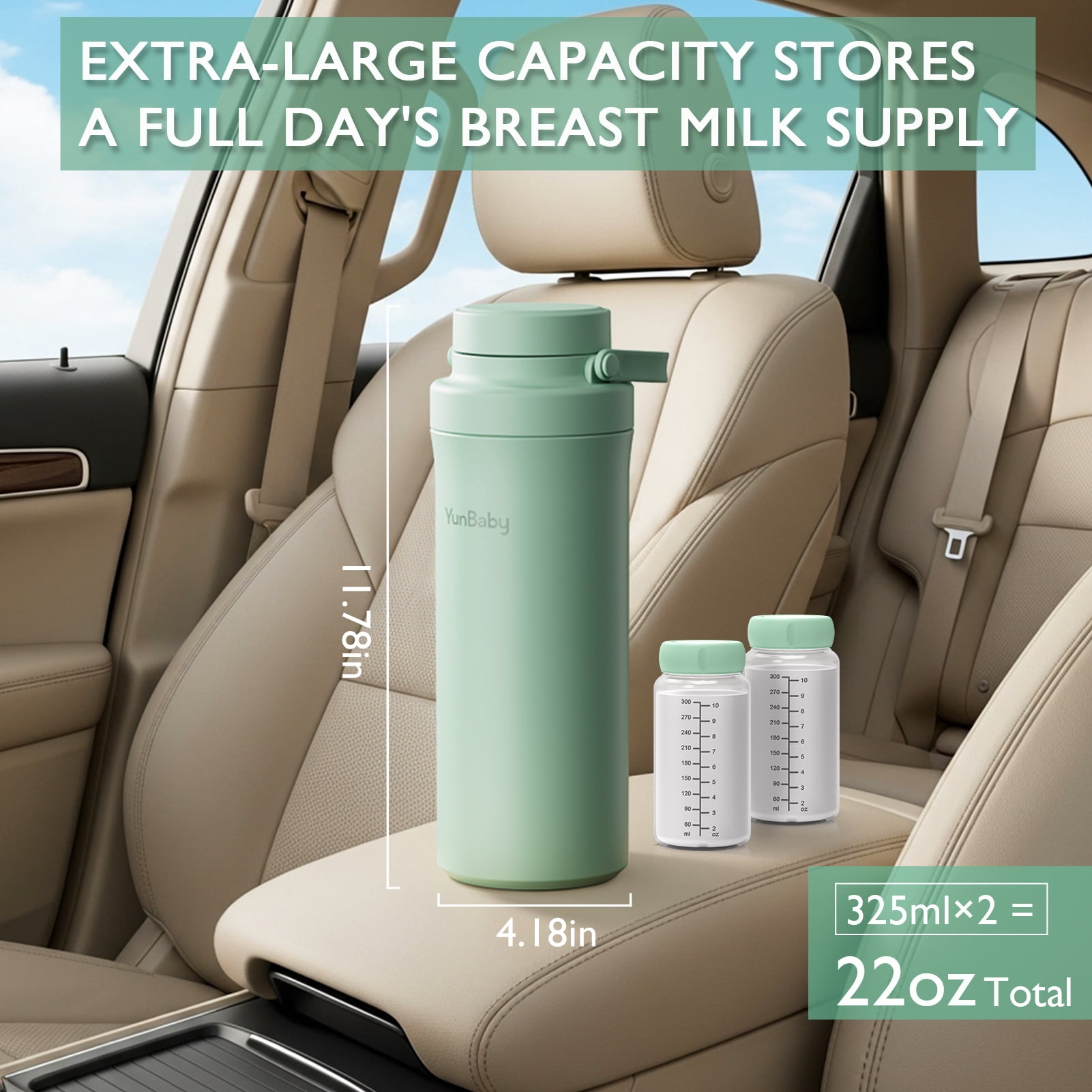 YunBaby 22oz Portable Breast Milk Cooler with Ice Pack, 30-Hour Cooling, Includes 2 Storage Bottles, Travel Essential