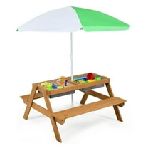 Kids Picnic Table, 4-in-1 Cedar Wooden Sand & Water Table w/ Umbrella, Outdoor Patio Furniture Set for Toddlers, Backyard Garden Play
