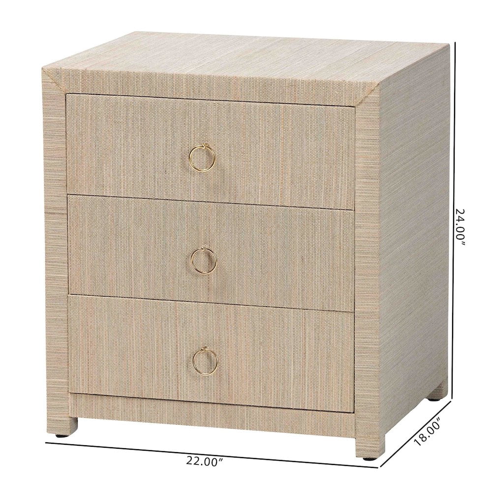 bali & pari Quinn Bohemian Woven Natural Grasscloth 3-Drawer Nightstand