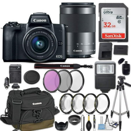 Canon EOS M50 Mirrorless Digital Camera with EF-M 15-45mm f/3.5-6.3 & EF-M 55-200mm f/4.5-6.3 IS STM Bundle Black + Canon Gadget Bag + 32GB Memory + Professional Accessories - Filters, Macros &