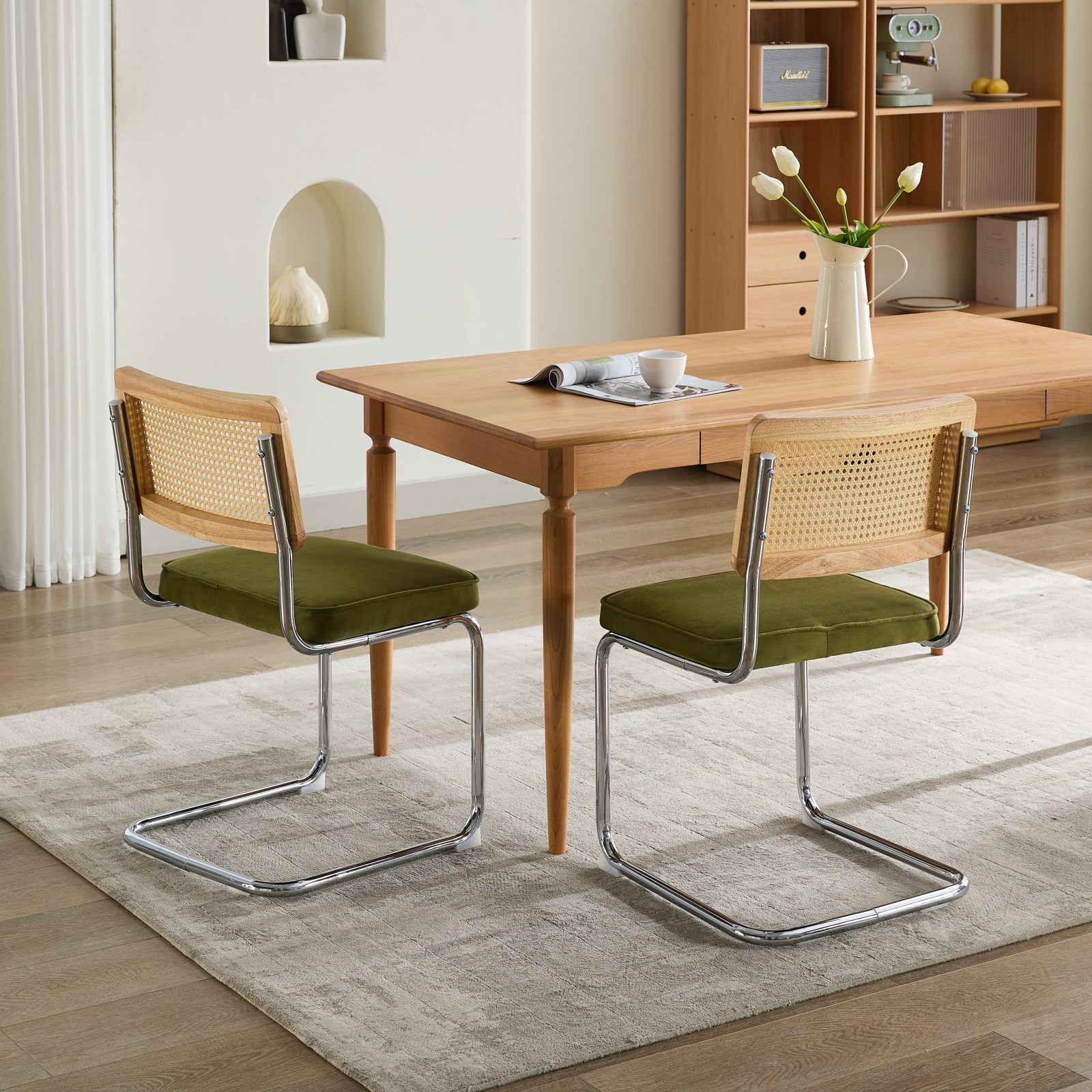 Mid Century Modern Dining Chairs Set of 2, Velvet Accent Chairs with Rattan Back & Chrome Base, Breuer Design, 360 lbs Capacity, Olive Green