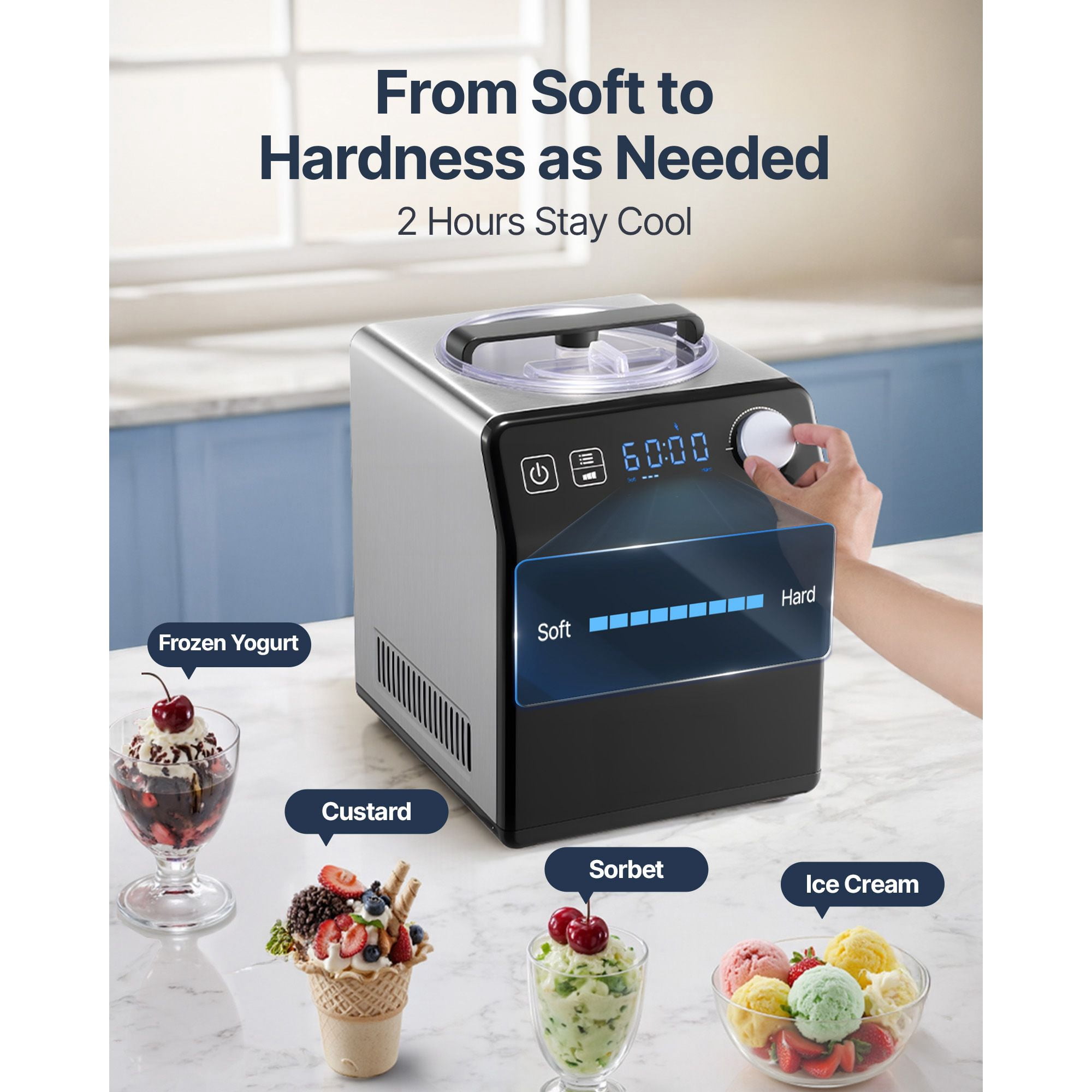 Upright Automatic Ice Cream Maker with Compressor, 2QT No Pre-freezing, 4 Modes Stainless Steel Gelato & Sorbet Machine with Digital Timer