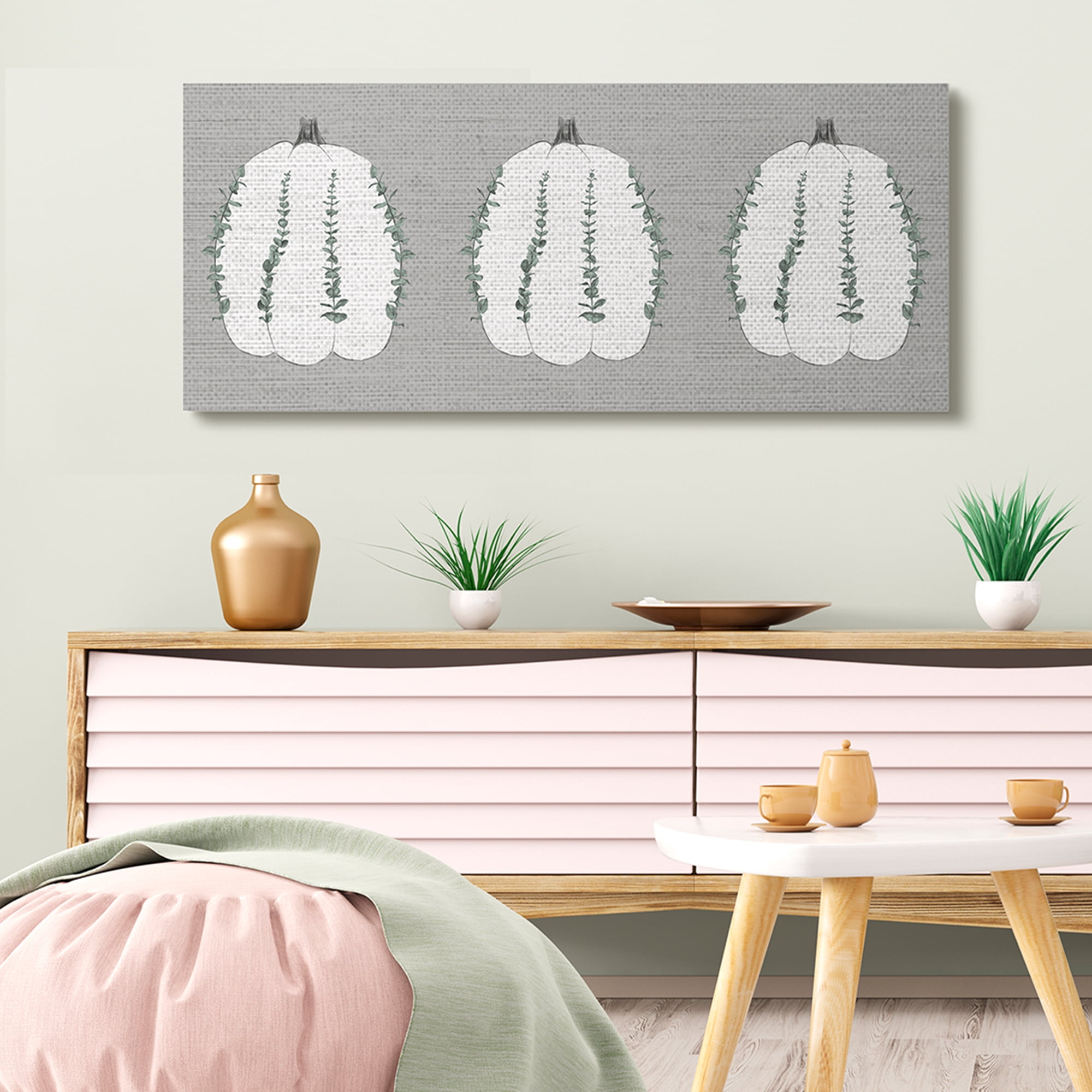 Stupell Industries Trio of Eucalyptus Pumpkins over Grey Canvas Wall Art, 20 x 48, Design by Daphne Polselli