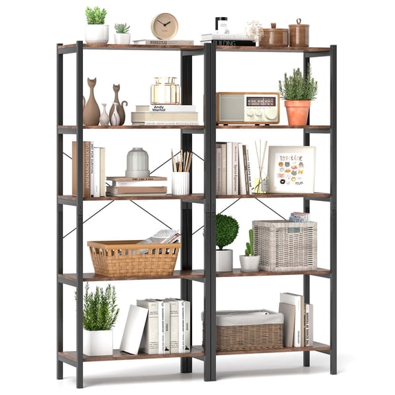 Costway 2 PCS 5-Tier Bookshelf Bookcase with Metal Frame & Dual Anti-Tipping Kits Storage Rack