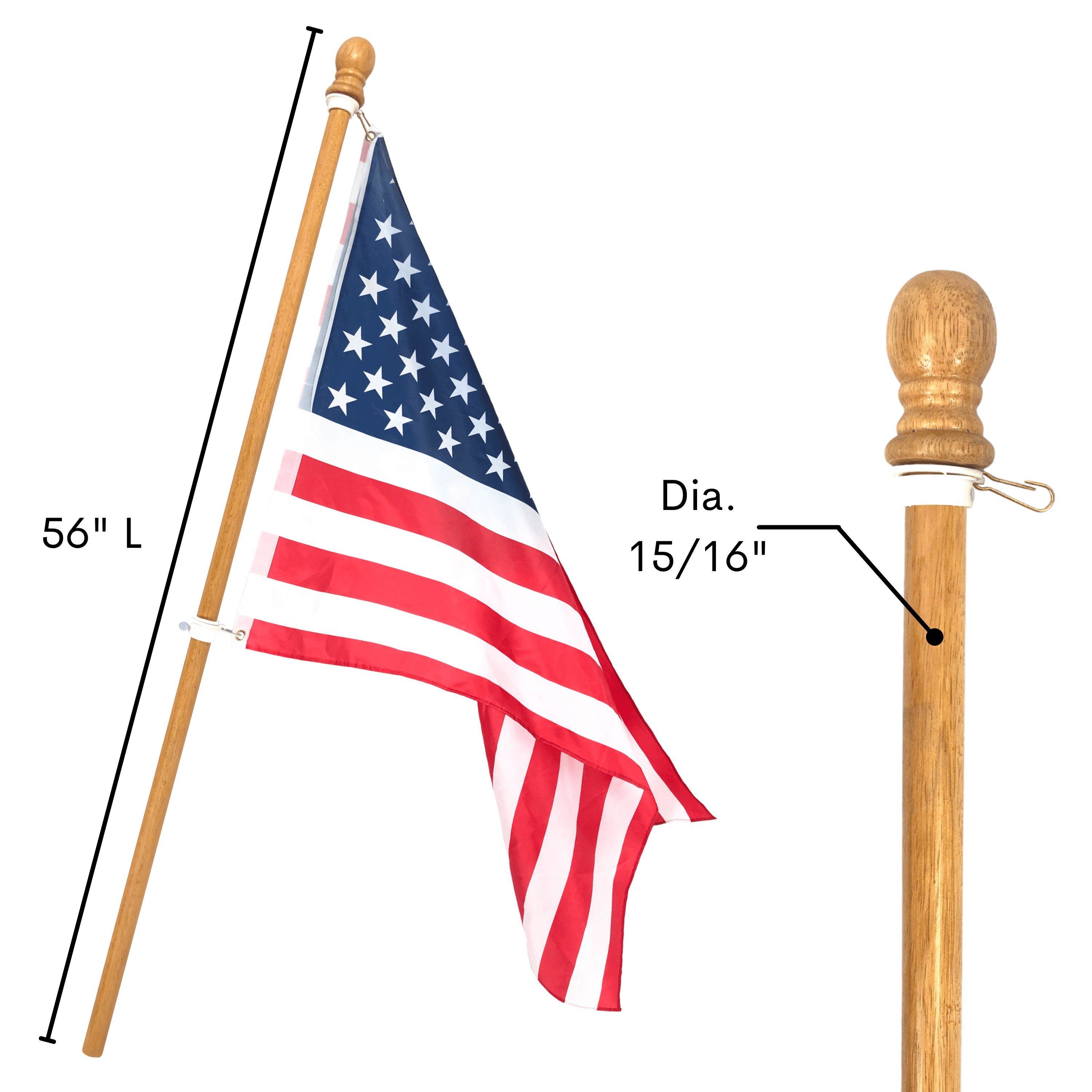 ILOT 56" Wooden Flag Pole for House Pack of 2 Tangle Free Adjustable Rotating Rings Fit All Flag Sizes