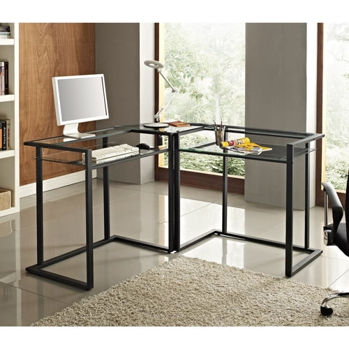 Walker Edison Glass And Metal C Frame Corner Computer Desk Black
