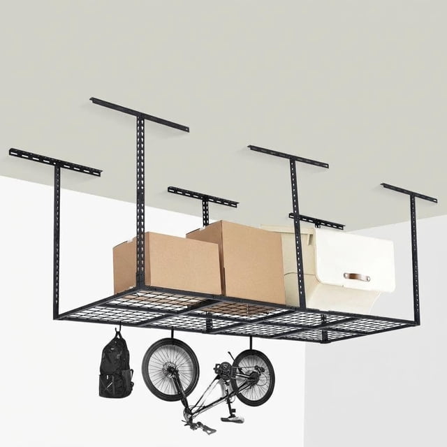 3x8 ft Overhead Garage Storage Rack, 600 LBS Heavy Duty Ceiling Mounted Metal Shelving with 4 Hooks, 22"-42" Adjustable Drop Down, Space-Saving Garage Hanging Storage System
