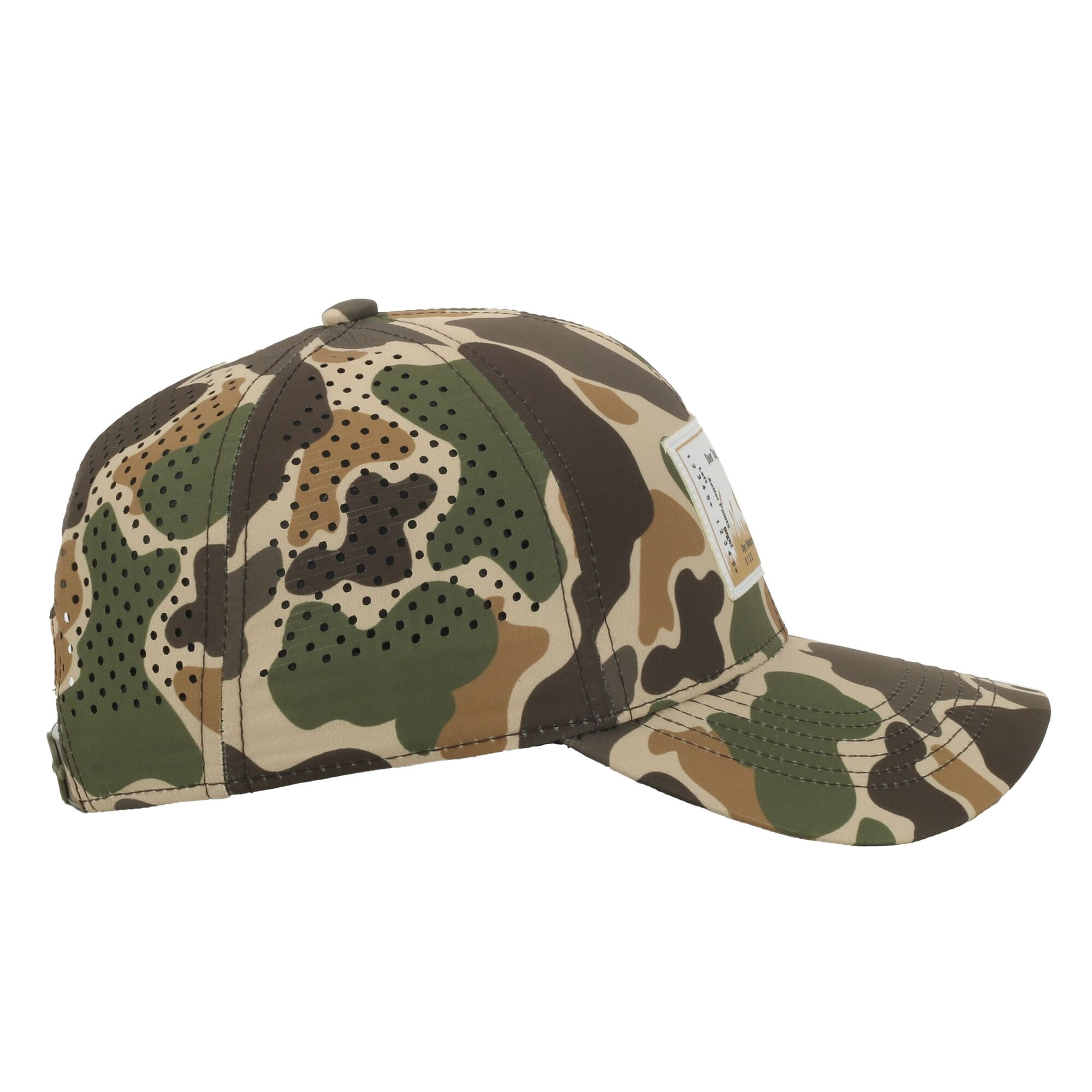 Outdoor Cap Deer Tag 6-Panel Structured Hat – Screen Print Patch, Woodland Camo with Perforated Back, One Size