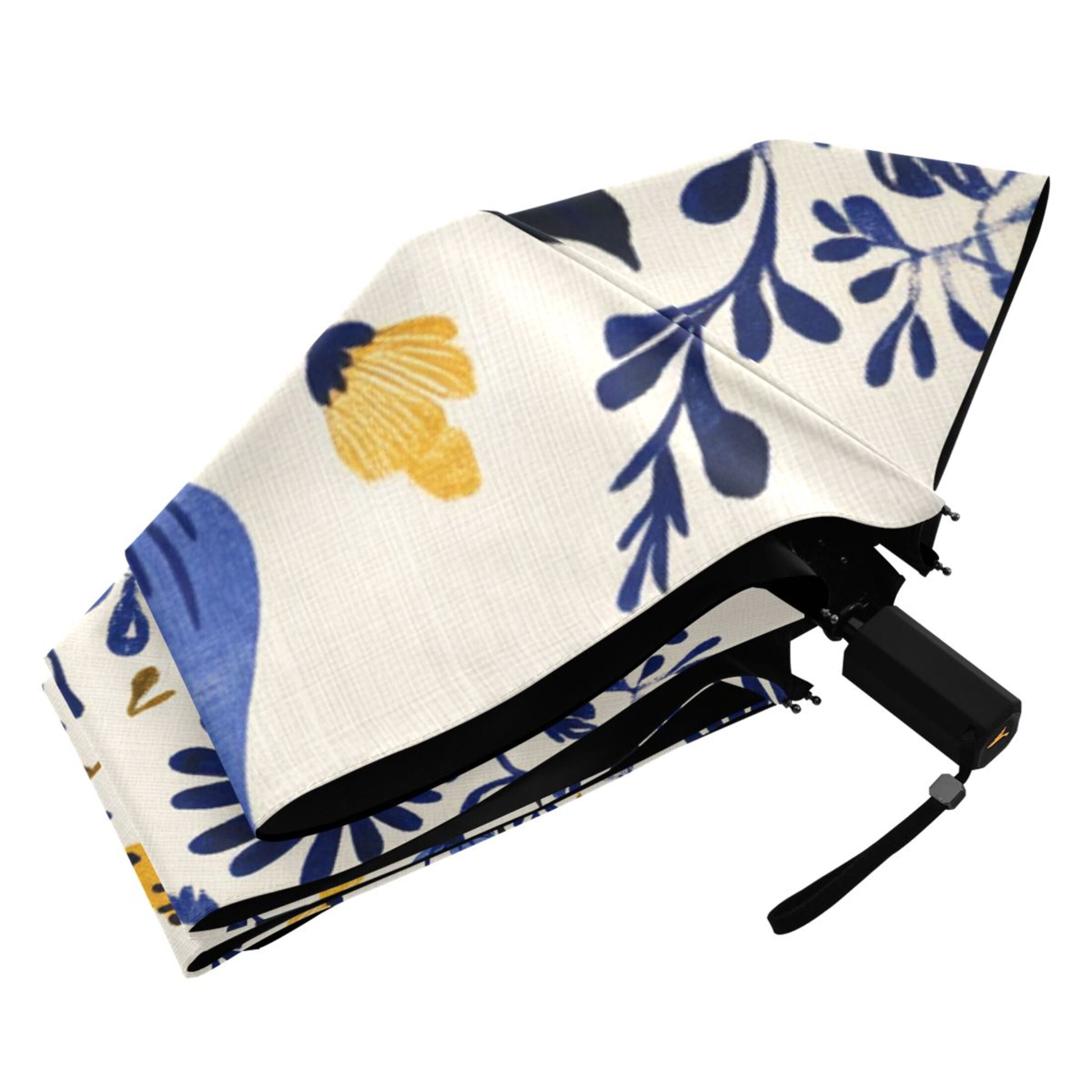 Dark Blue and Yellow Flowers Symmetrical All Weather Umbrella Triple Folding Parasol 6 Ribs UV Protection Portable