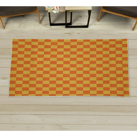 Checkers Game Decorative Rug, Geometric Grid Style Monochrome Squares in Traditional Game Board Design, Quality Carpet for Bedroom Dorm and Living Room, 6 Sizes, Yellow Orange, by Ambesonne