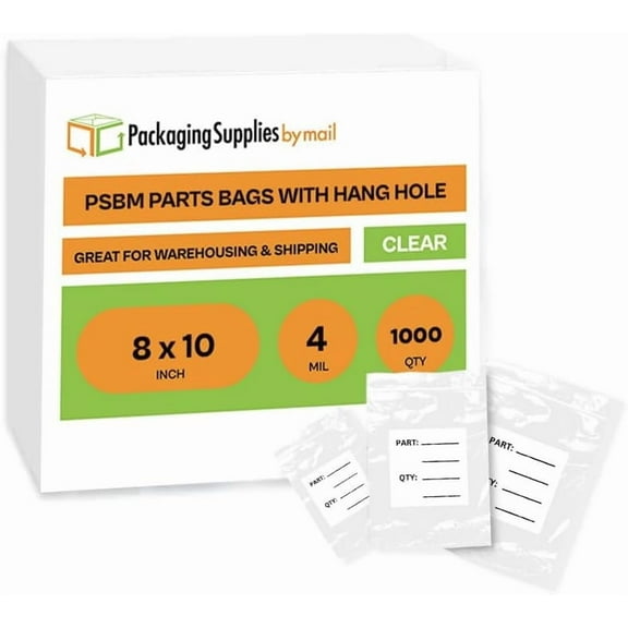 PSBM Parts Bag with Hang Hole 8" x 10" 4 Mil Poly Bags with White Lable for Packing Hardware Items 1000 Pcs