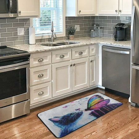

Long Floor Mat 39x20Inch Kitchen Mat Bathroom Mat Living Room Mat Bedroom Mat Absorbent Delicate Fabric No Ball Do Not Fade Cat Butterfly