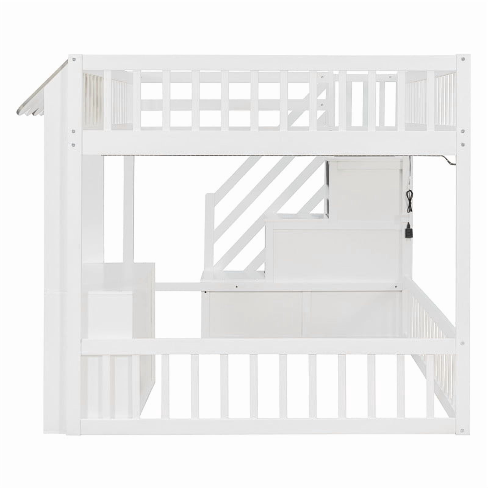 Full Size Playhouse Kids Loft Bed with Eaves Design, Wood Child Bed Frame with Storage Staircase, LED Light & Under Bed Cabinets