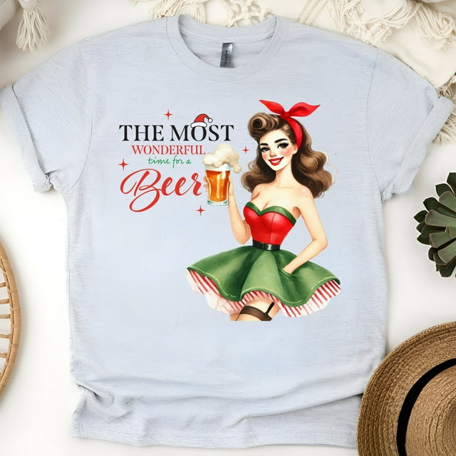 T-Shirt Graphique Amateur de Bière / Rétro Pin-Up Fille Drôle T-Shirt à Boire, Cendre, Taille G