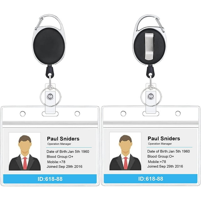 2 Pack Porte-Badge Rétractable Robuste avec Clip Mousqueton et Style Vertical Porte-Cartes d'Identité Transparent, Cordon de Traction Kevlar de 24 Pouces d'Épaisseur-Horizontal