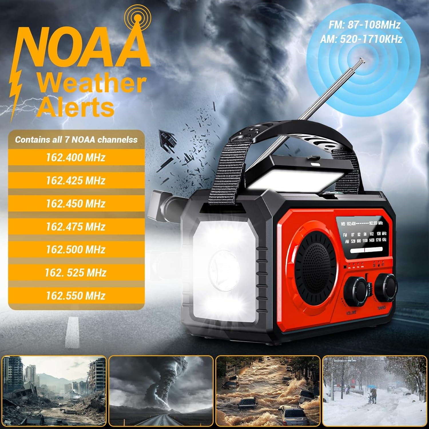 16000mAh Weather Radio, DOMNIU AM/FM/NOAA Weather Alert Radio, Hand Crank/Solar/Type-C Charging Radios, Emergency Radio with Reading Lamp, SOS Alarm, Flashlight, Power Bank (Red)