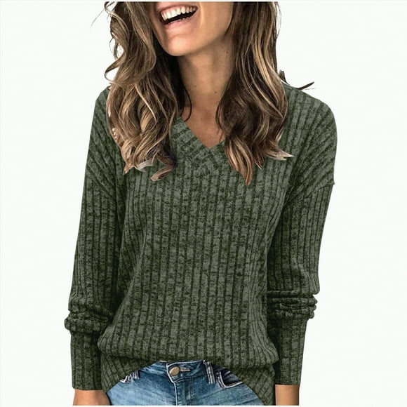 WUANDIXFA Women Tops Long Sleeve Shirts V Neck Brushed Strip Solid Color Top Long Sleeved T Shirt for Women Green,L