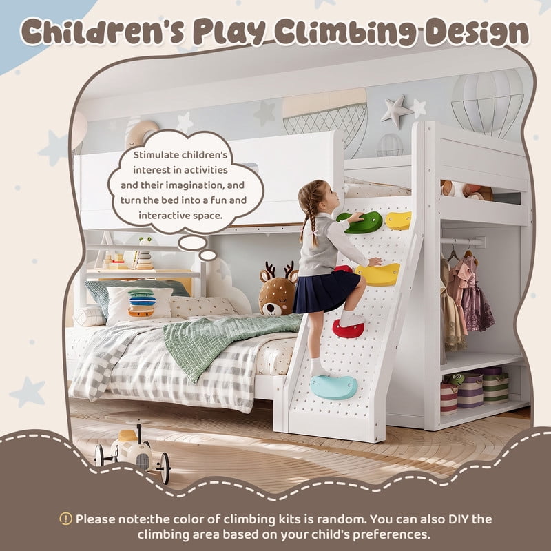 Twin/Twin XL Over Full Bunk Bed with Built-in Wardrobe, Storage Shelves, Rock Climbing Wall, Solid Wood Bunk Bed Fram with Full-Length Guardrails, No Box Spring Needed