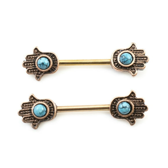 Pair of Nipple Barbells with Hamsa Hand Design and Turquoise Stone 14g