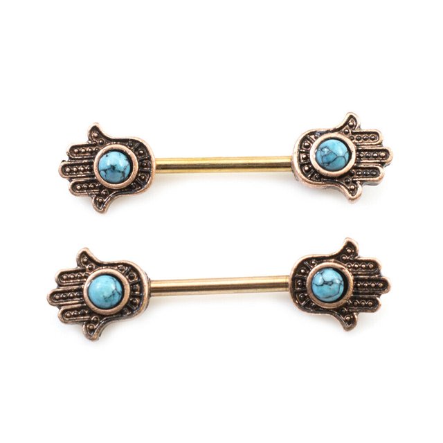 Paire de Clous de Tétine avec Design Main Hamsa et Pierre Turquoise 14g