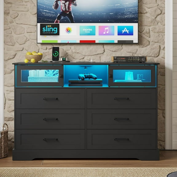 6 Drawers Dresser with Charging Station&LED Lights for Bedroom Farmhouse Chest of Drawers for Living Room Hallway, Black