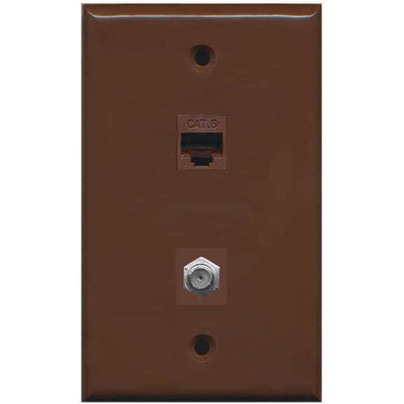 RiteAV - 1 Port Coax Cable TV- F-Type 1 Port Cat6 Ethernet Wall Plate - Brown