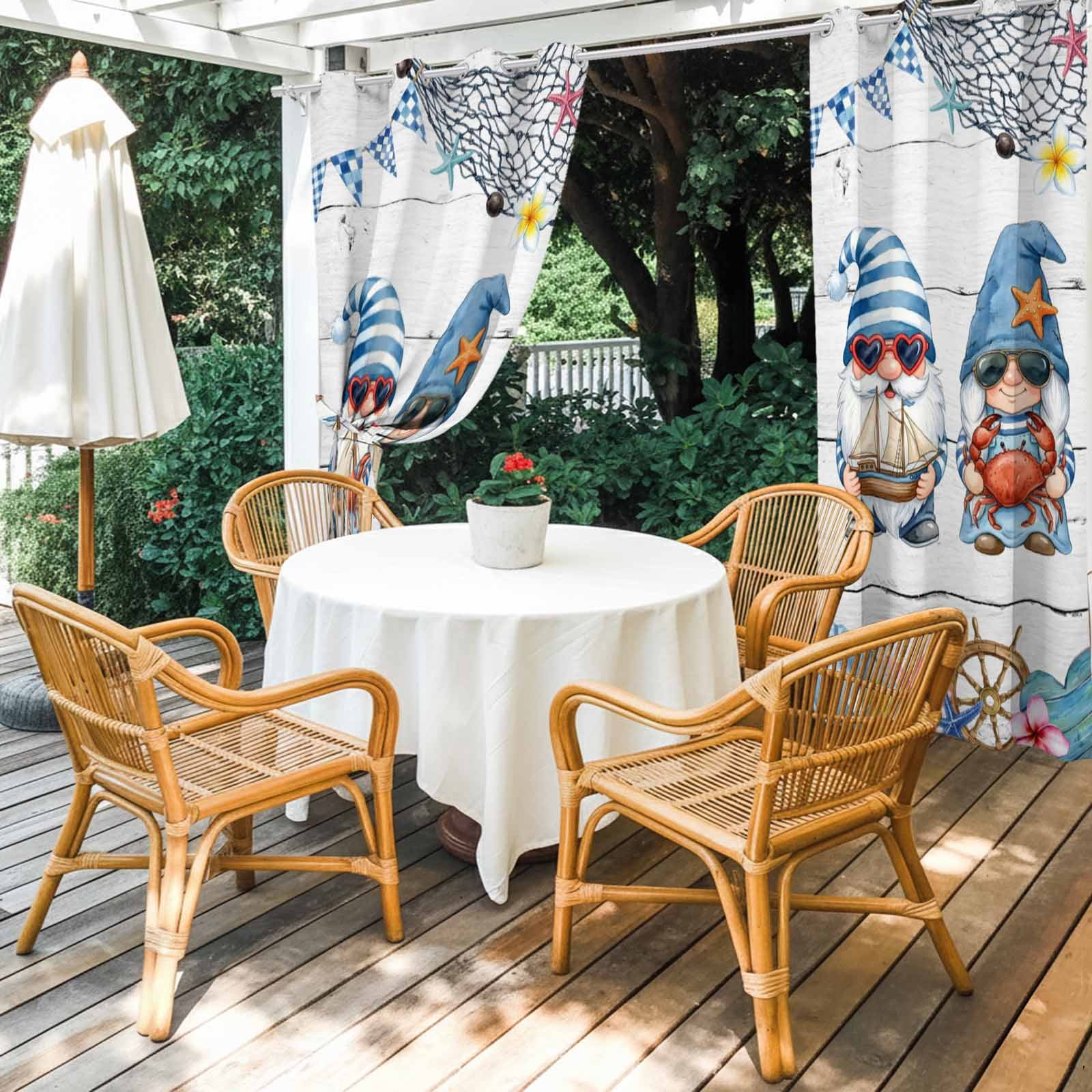 Ocean Gnome Outdoor Curtains for Patio, Nautical Shell Sea Star Flag Flower White Wood Grain Sunshade Privacy Drapes Grommet Waterproof Outside Curtains for Porch/Cabana/Balcony 54"x 108", 1 Panel