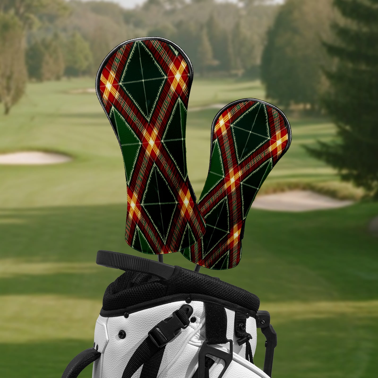 Golf Head Covers for Woods and Driver Waterproof Leather Golf Club Head Covers for Women Men Golf Driver Fairway Wood Headcover Green Argyle Seamless Design