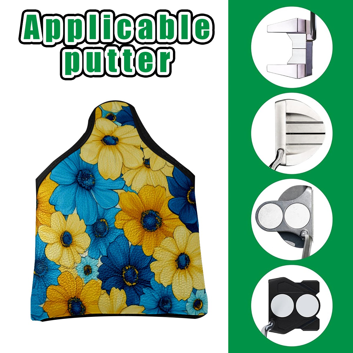 Golf Mallet Putter Cover Premium Leather Waterproof Golf Putter Head Cover with Magnetic Closure Yellow Blue Flowers