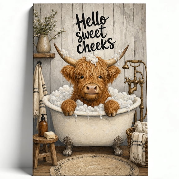 Hello Sweet Cheeks Highland Cow Canvas Wall Art Bubble Bath Poster Funny Country Farmhouse Painting Bathroom Decor Print Ready to Hang 8*12