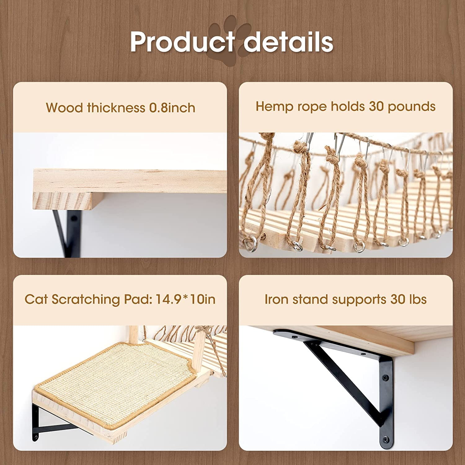 A.FATI Wall-Mounted  Roped Bridge Long for Indoor Cats, Wooden Bed and Perches with Sisal Scratch Mat