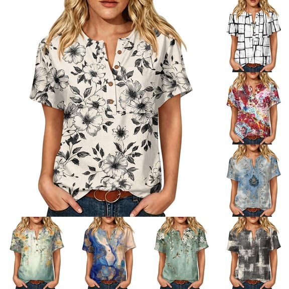 Women's Artistic Floral & Abstract Print Henley Top - Short Sleeve Button Down Tunic Blouse with Pocket, Loose Fit Casual V-Neck Shirt for Summer Green XL