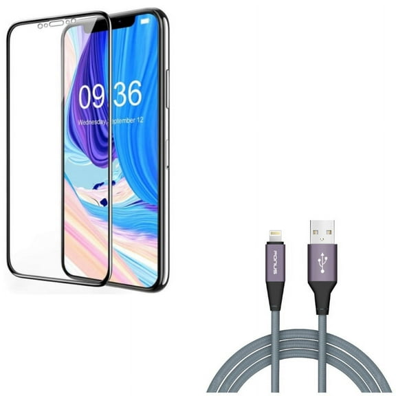 iPhone XS/X - Charger Cord 6ft USB Cable w Ceramics Screen Protector - Power Wire Braided Long Sync Fast Charge, Matte 3D Curved Edge Full Cover Anti Glare Anti Fingerprint 9H Hardness