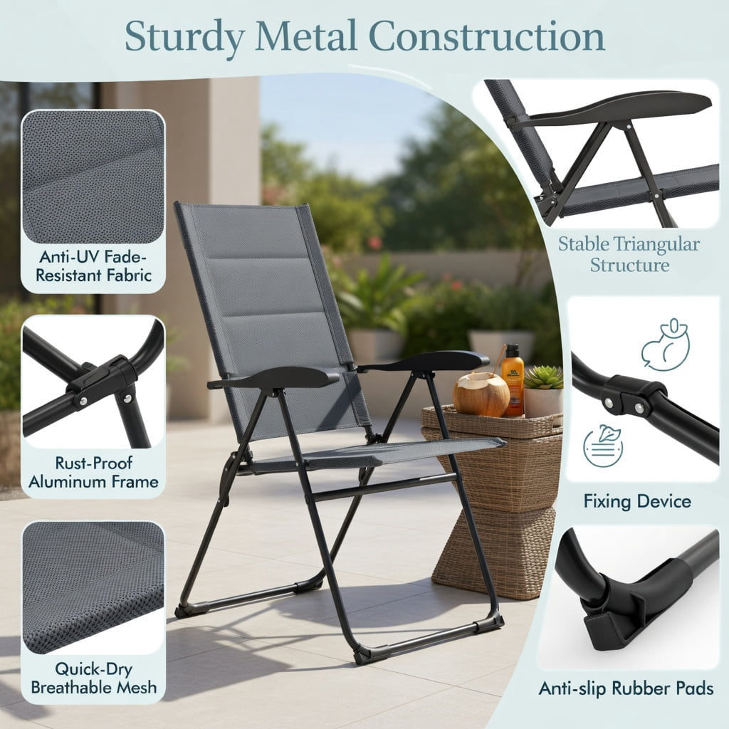 Hommoo 2-Pack Foldable Outdoor Patio Chairs with 7-Position Adjustable Backrest, Heavy-Duty Steel Frame, Breathable Oxford Fabric, for Backyard, Bistro, Camping & Balcony, Gray