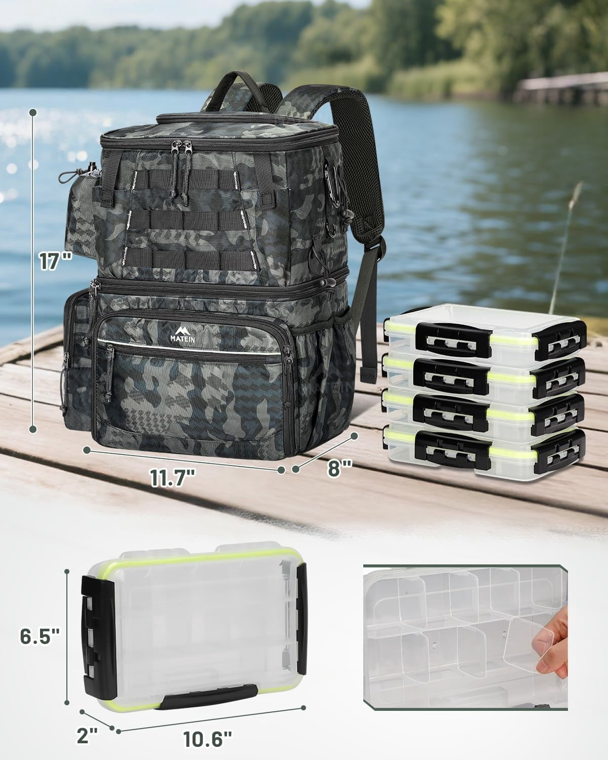 Matein Fishing Backpack with 4 Tackle Boxes, Water-Resistant Fishing Bag Store Fishing Gear and Equipment for Men
