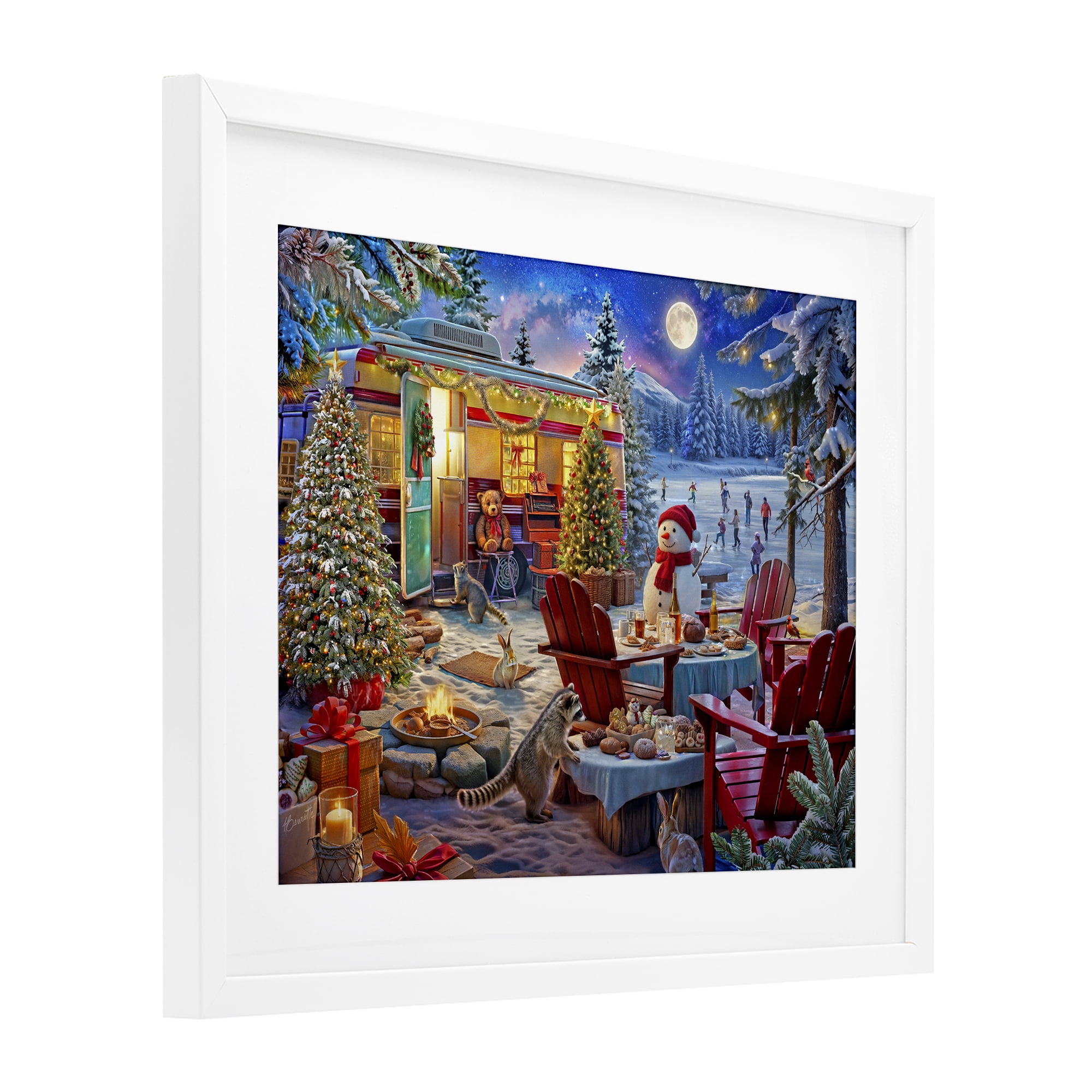 Winter Holiday Camper Party White Framed Print Under Glass, design by Henriette Chinaglia