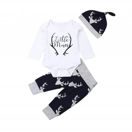 

Newborn Baby Boys Deer Long Sleeve Romper Top with Long Pant and Hat Outfit Set