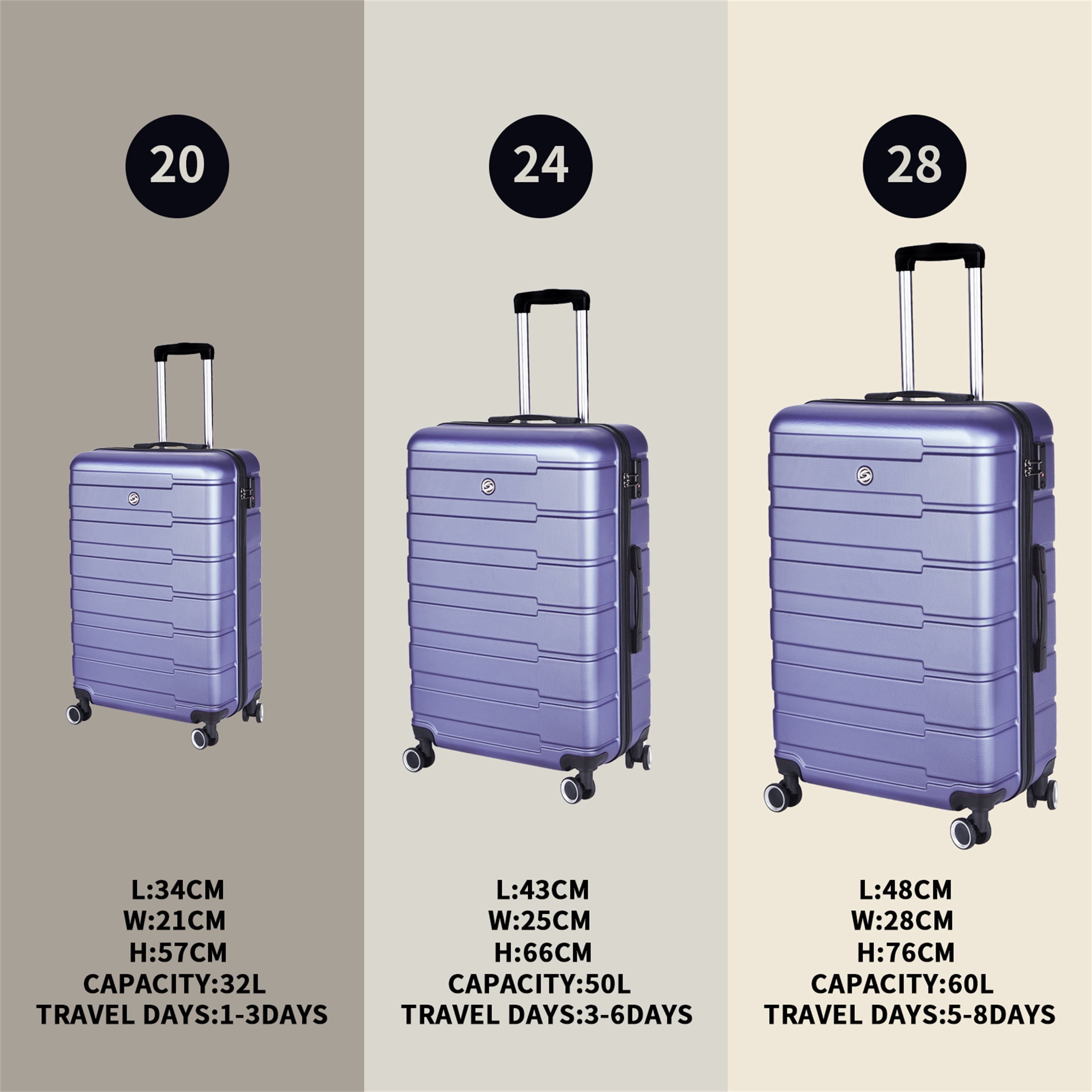Aukfa 3 Piece Luggage Set, Hardside Carry on Suitcase w/ Double Wheels, Purple (20/24/28)