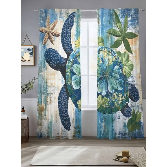 Sea Turtle Coastal Sheer Curtains for Living Room Bedroom Nautical Beach Summer Retro Sheer Curtains 84 Inch Long 2 Panels Set Light Filtering Curtain Window Treatments Drapes for Dining Room