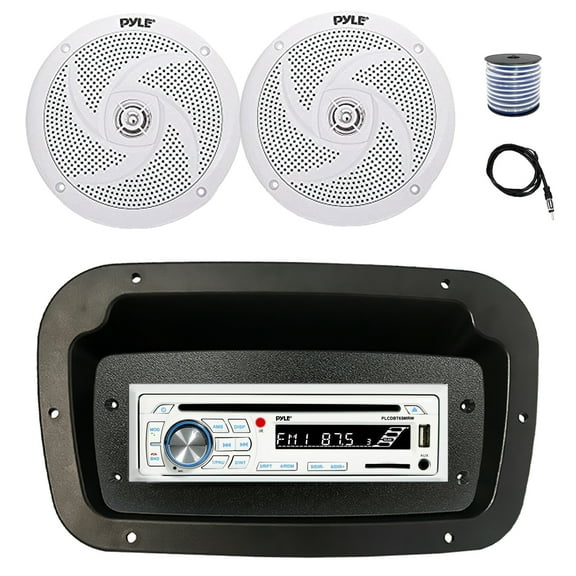 Pyle PLCDBT65 Single DIN Bluetooth Marine CD Stereo Receiver, Spa bezel, Adapter Plate, 22" Radio Antenna, Wire, 2x 6'' 240 Watt Max 2-Way Boat Audio Speakers (White)